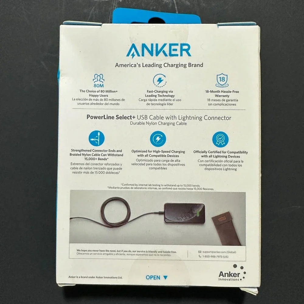 Anker PowerLine Select+ USB-A to Lightning Cable 6ft Braided Nylon Black 1.8m